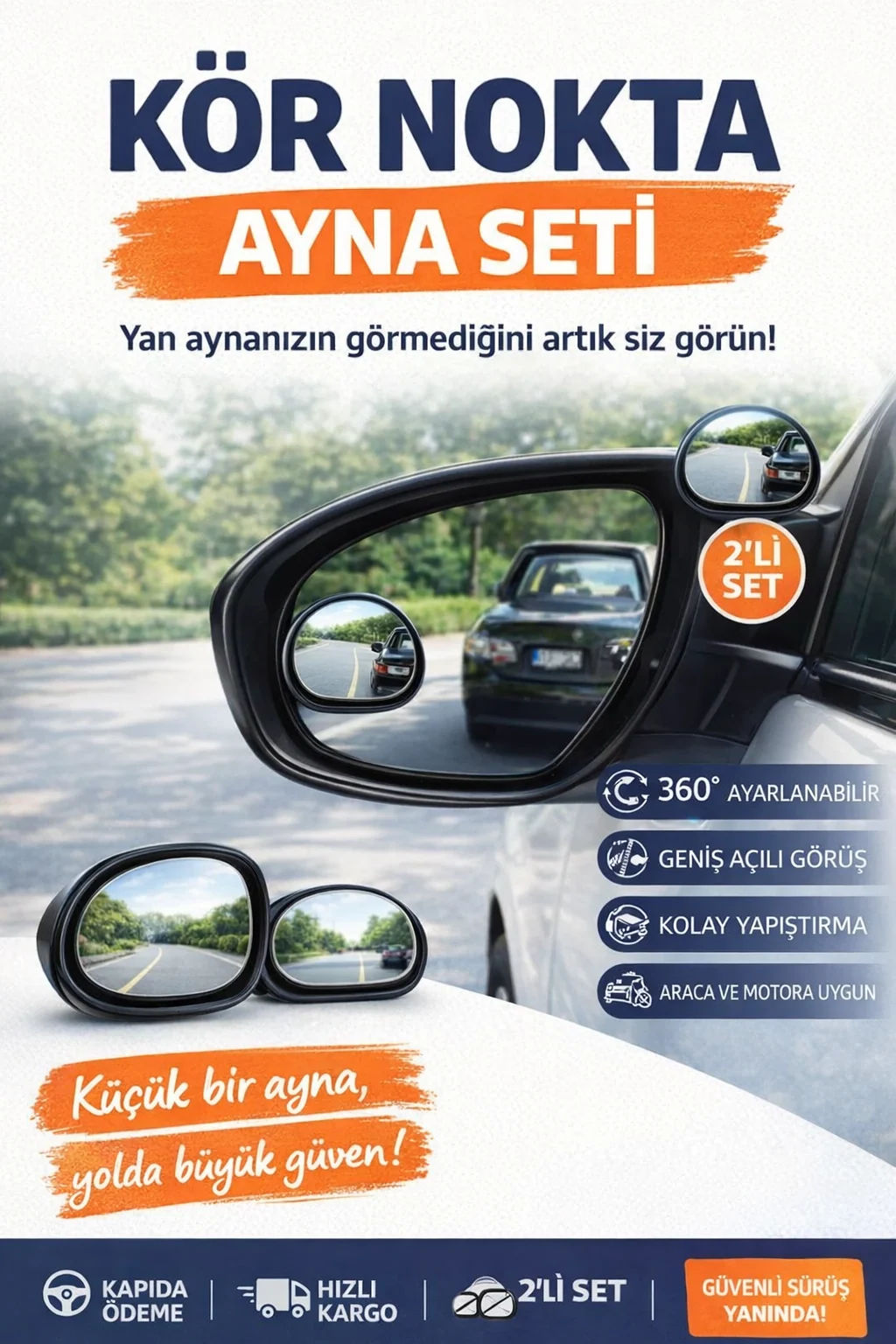 Kör nokta aynası seti ile şerit değiştirirken tam görüş — Yan aynaya takılan 2'li ayarlanabilir kör nokta aynası seti