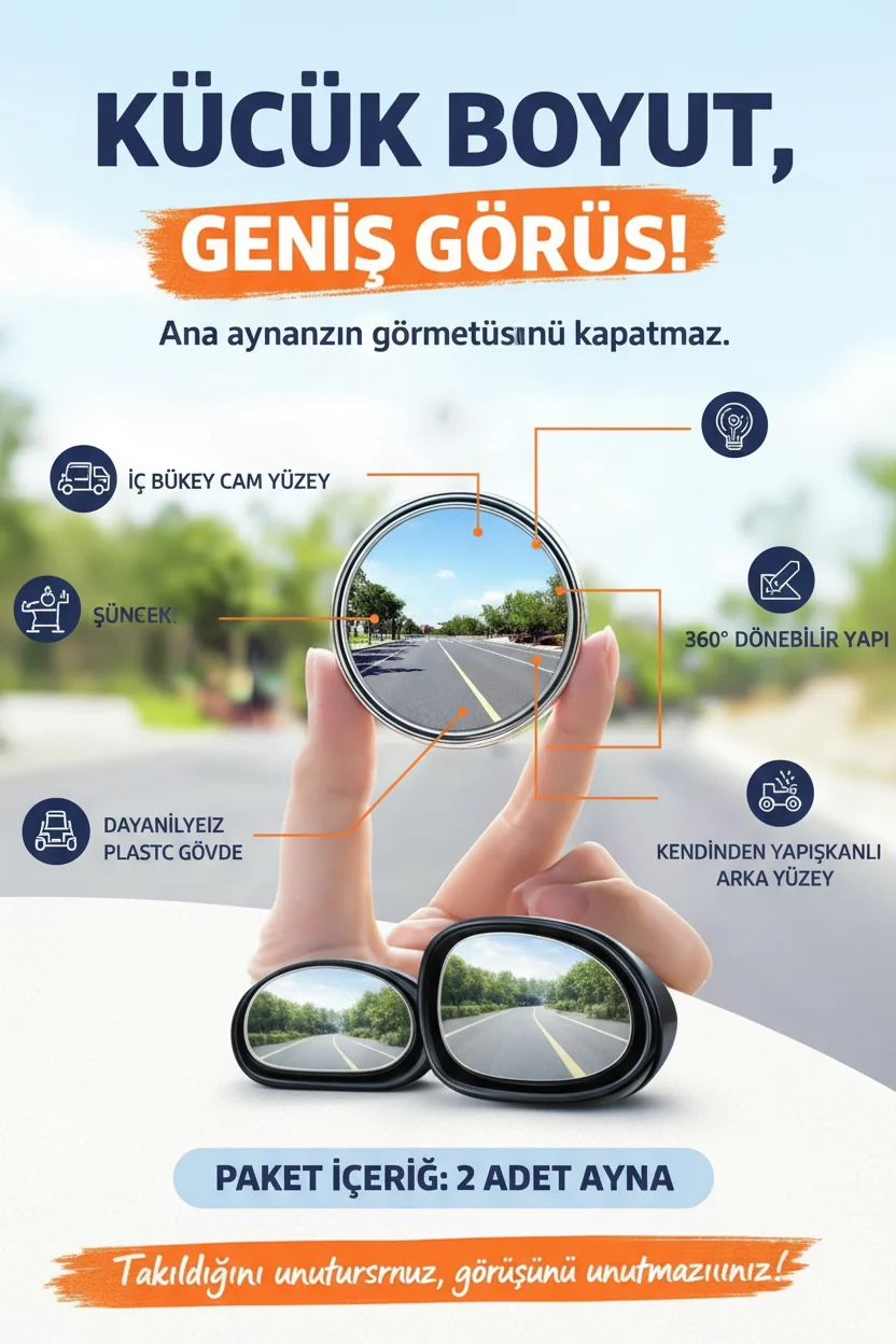 360° ayarlanabilir, geniş açılı cam yüzeyli kör nokta aynası — Cam yüzey, plastik gövde ve 360° ayar detayları yakından