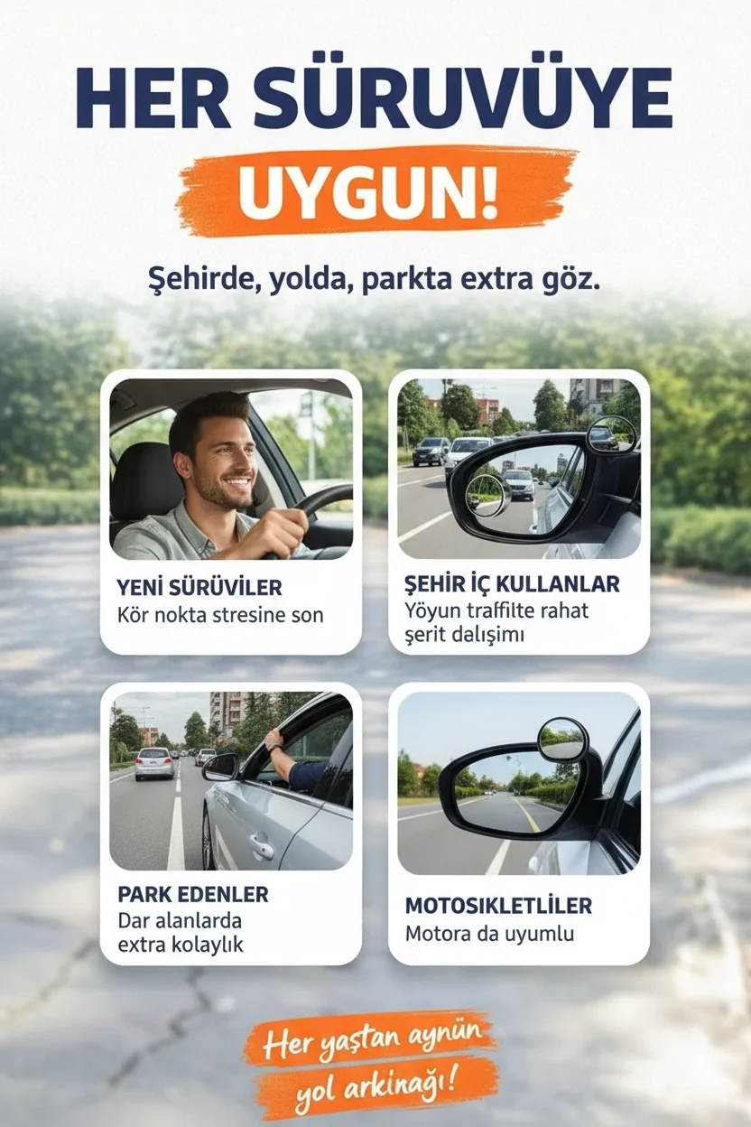 Araba ve motosiklet sürücüleri için kör nokta aynası — Yeni sürücüden motosikletliye, her sürücüye uygun yardımcı ayna